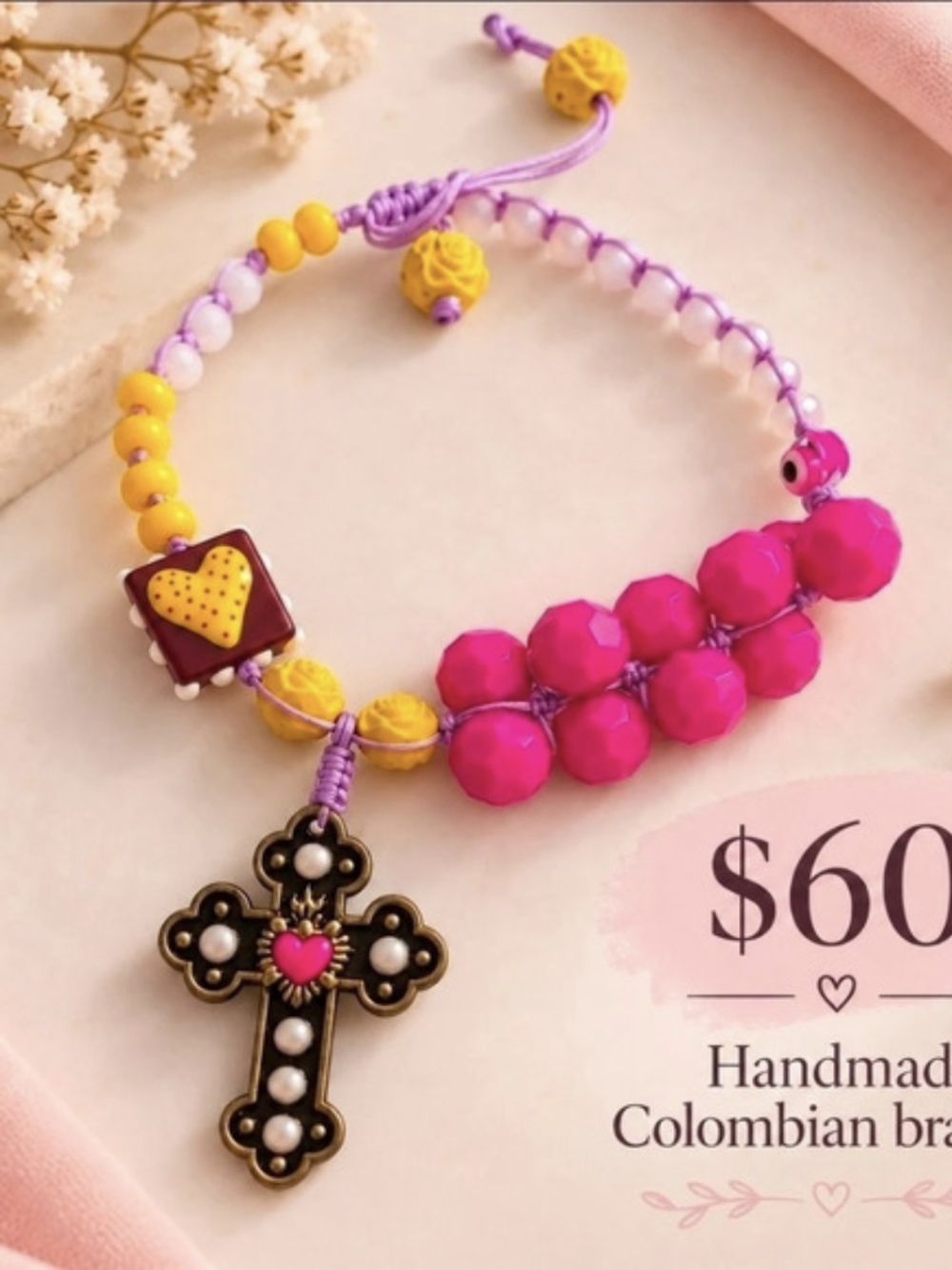 Handmade Beaded Bracelet Pink & Yellow NWT
